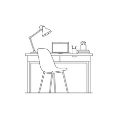 Home office line art vector drawing. Features a desk, laptop, chair, and lamp. Simple, minimalist workspace sketch for remote work and study concepts