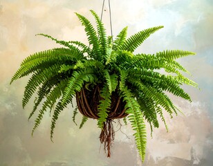 Lush green fern in hanging basket against a softly colored, textured background