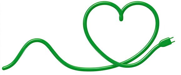 A green electrical cord shaped like a heart, symbolizing the power of love and energy, plugs included