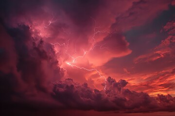 Naklejka premium Stunning red sky lightning storm highlights the impacts of climate change during a dramatic evening atmosphere over the horizon