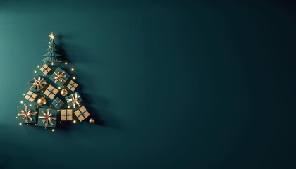 Elegant Christmas tree made of festive gifts and ornaments against a minimalist backdrop perfect for holiday promotions and seasonal greetings messages