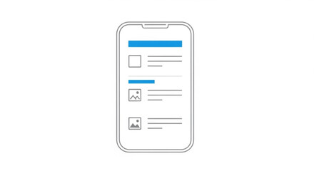 Simple line art illustration of a smartphone screen displaying a mobile application interface with list view elements and placeholder content