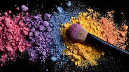 A makeup brush resting on colorful powder against a black background view