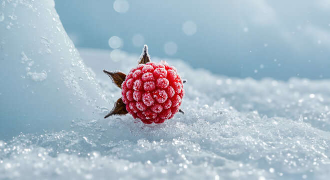 Red raspberry sitting on snow in winter landscape  