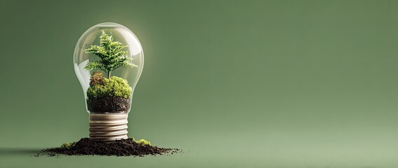 A lightbulb with a plant inside symbolizing sustainability and nature. Green background