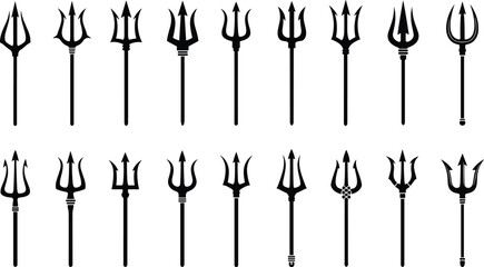 Set of black trident silhouettes, three pronged spear collection, Poseidon and devil pitchfork weapon vector icons, isolated on white background
