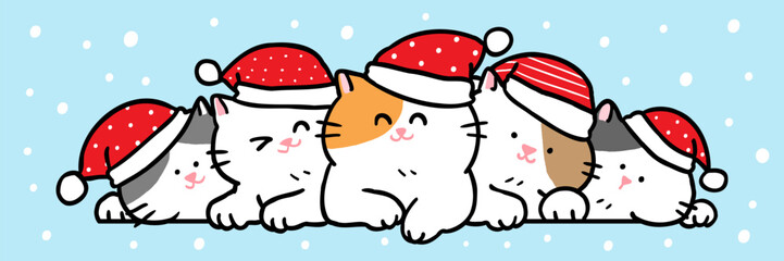 Vector Illustration of Cute Cartoon Christmas Cats on Isolated Background. Hand Drawn Vector Illustration.