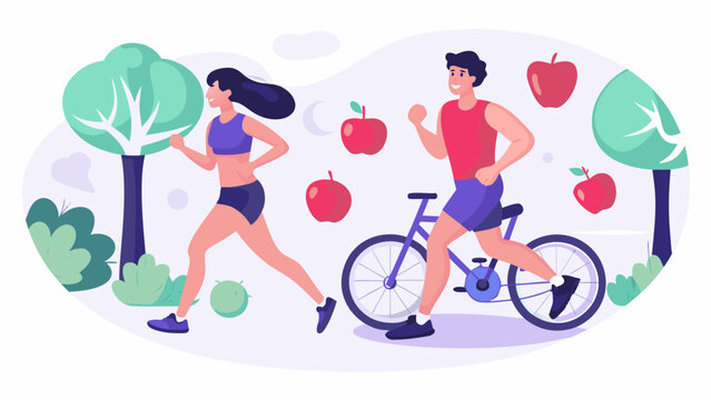 Active couple enjoys healthy outdoor activities including running and cycling amidst nature and fresh fruit