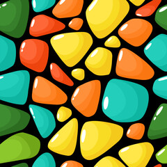 A seamless pattern of multicolored stone figures, mosaics, and abstract shapes in a flat style
