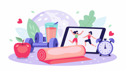 Healthy lifestyle elements including dumbbells apple yoga mat drink tablet with fitness activity and alarm clock