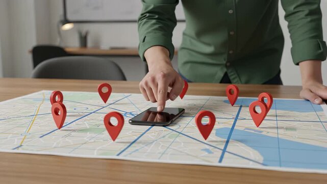 Man pointing at smartphone on map with scattered red pins in bright workspace, smart navigation, gps tracking