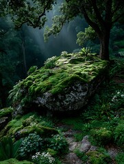 Mossy Rock in a Lush Green Forest Landscape.