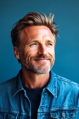 Blue solid background. Pattern of style for aging men. Trendy me