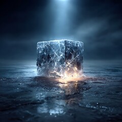 Mysterious Luminous Crystal Cube Emerging from Dark Water with Ethereal Glow.