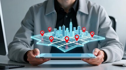 Man holding holographic tablet with red pins floating above city map in clean indoor setting, smart navigation, gps tracking - Powered by Adobe