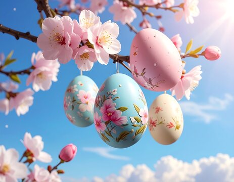 Easter eggs suspended from a flowering branch against a sunny blue sky