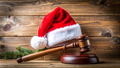 Santa hat on judge’s gavel resting on sound block with wooden background.