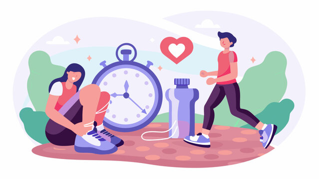 Active lifestyle illustration featuring a runner a resting person a stopwatch and a heart symbol representing health and fitness goals