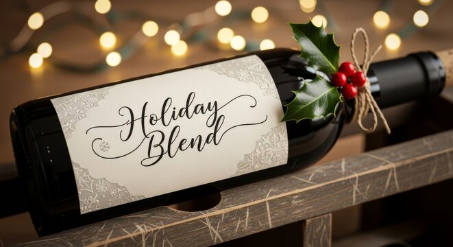 A festive bottle of Holiday Blend wine, decorated with holly and berries, resting in a wooden crate. - Powered by Adobe