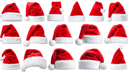 A vibrant collection of festive red and white holiday hats, showcasing various styles and angles for seasonal celebrations
