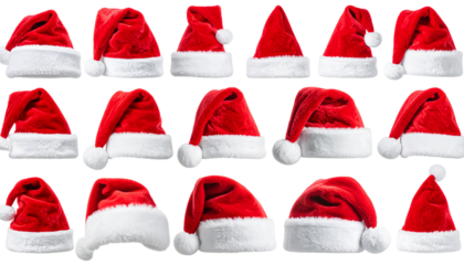 A vibrant collection of festive red and white holiday hats, showcasing various styles and angles for seasonal celebrations