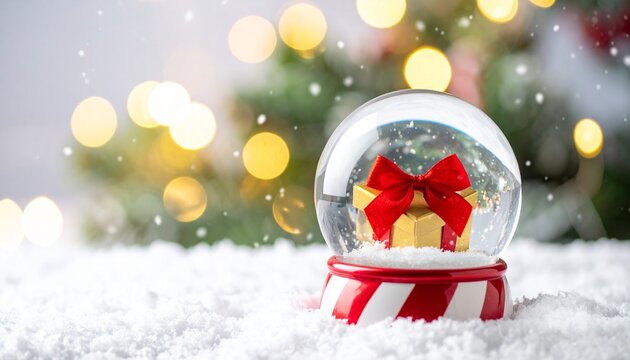 Snow globe with gold gift box and candy cane base on snowy surface with festive background. - Powered by Adobe
