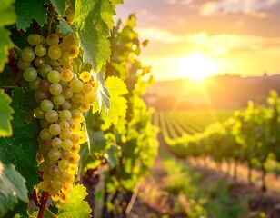 Lush green grapes hang on a vine in the warm light of sunset over vineyard rows