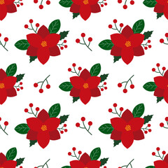 Christmas Floral Seamless Pattern with Red Poinsettia Flowers and Winter Leaves