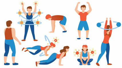 Diverse group of people performing various exercises and fitness activities in a stylized flat design illustration