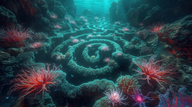Underwater spiral coral formation with glowing anemones and blue light