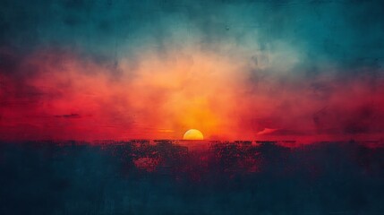 Vibrant sunset over the horizon with colorful clouds and a glowing sun.