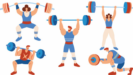 Diverse group of athletes demonstrating various weightlifting techniques and poses with barbells