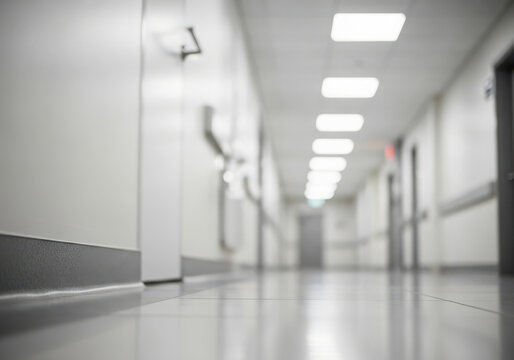 Modern long empty hospital corridor with bright ceiling lights