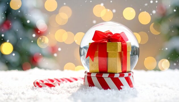 Snow globe with gold gift box and candy cane base on snowy surface with festive background.