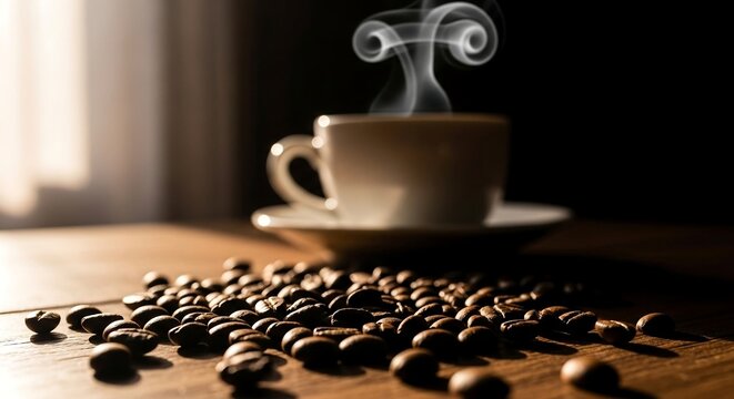 Steaming coffee cup with roasted beans on a wooden surface in natural light - Powered by Adobe