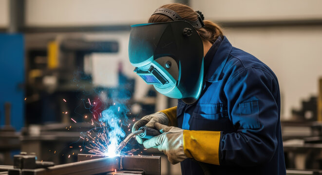 Skilled female welder in protective gear is welding metal components in a workshop, showcasing sparks and precision in a dynamic industrial environment
