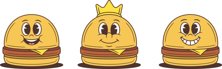 Set of three cheerful cartoon hamburger characters with cheese and patty. Various expressions and poses for mascot design. Playful vector illustration in comic style for fast food branding and emoji.