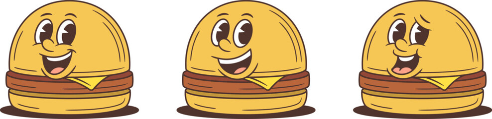 Three cartoon hamburger characters with cheese and patties. Various expressions including cool sunglasses and friendly smiles. Versatile mascot vector illustration for advertising