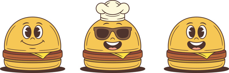 Set of three cartoon hamburger characters with cheese and patties. Various expressions including chef hat and sunglasses. Friendly mascot vector illustration for food branding and advertising.