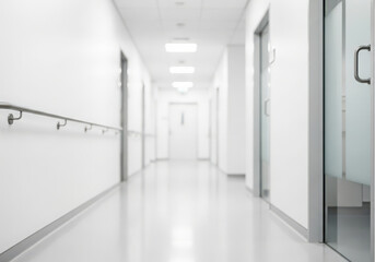 Fototapeta premium Bright, clean modern hospital corridor with doors and handrail