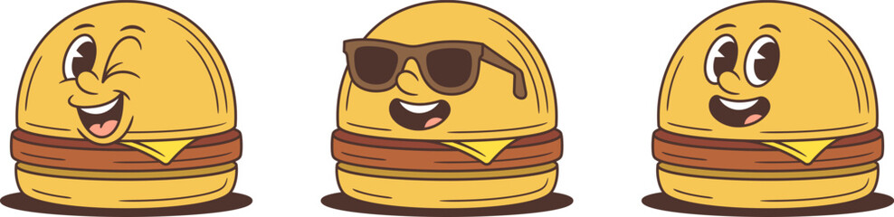 Three cartoon hamburger characters with cheese patties and winking expression. Features sunglasses and various emotions for mascot design. Cheerful vector illustration perfect for food branding
