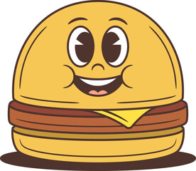 Happy burger character with big shiny eyes and melted cheese between soft buns. Friendly food mascot vector illustration perfect for advertising and kids menu design projects
