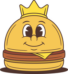 Cheerful hamburger character wearing golden crown with melted cheese and big smile. Animated food mascot vector illustration perfect for restaurant branding and advertising campaigns