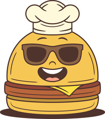 Smiling hamburger character wearing chef hat and cool sunglasses. Cheerful food mascot vector illustration for advertising and branding. Perfect for restaurant promotions and culinary design projects