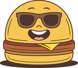 A cheerful cartoon hamburger character with sunglasses and a friendly smile. Perfect mascot for fast food branding. Vector illustration ideal for advertising, emoji, and kids products