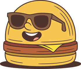 A cool cartoon burger character wearing sunglasses with a cheerful smile. Mascot vector illustration features melting cheese and a soft buns. Perfect for fast food branding and advertising campaigns