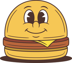 Cheerful hamburger cartoon character with big eyes and a wide friendly smile. Mascot vector illustration featuring melting cheese and a juicy patty. Perfect for food branding and advertising