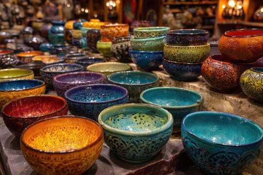 Handcrafted pottery and decorative bowls displayed in a vibrant market setting showcasing unique colors and intricate designs