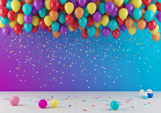 Colorful balloons and confetti floating a festive celebration background for birthday parties events and special occasions