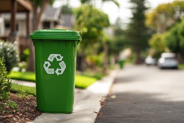 Green recycling bin placed on a clean residential street surrounded by greenery showcases a commitment to environmental sustainability and community effort